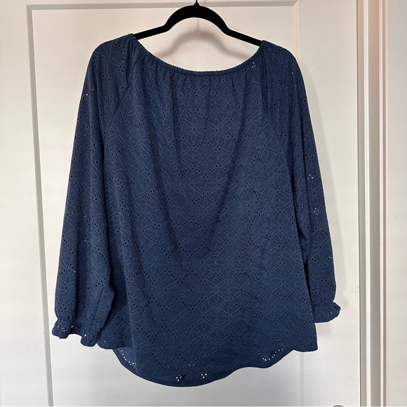 Rafaella Navy Drawstring Neck Eyelet Top - Picture 6 of 9